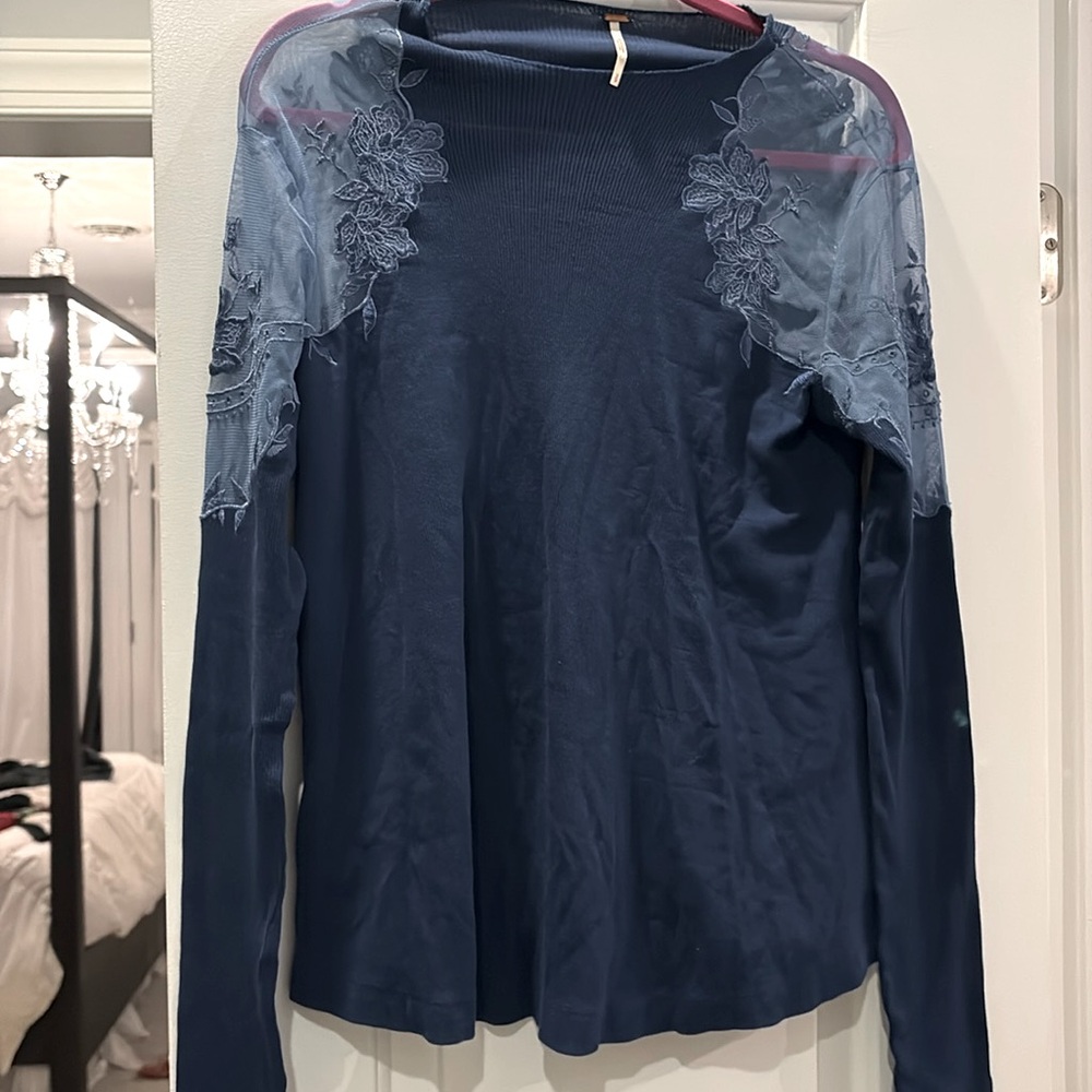 Free people navy top with lace shoulder detail